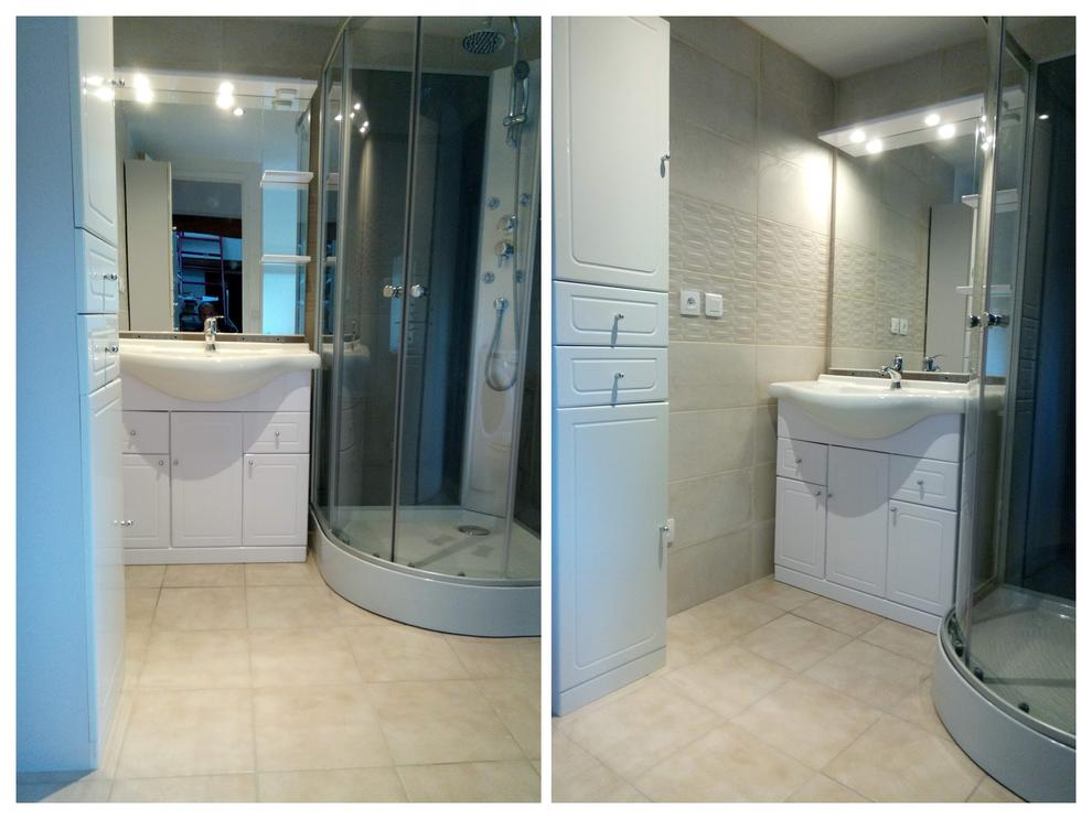 Salle de douche|Douche , porte de douche , meuble lavabo , faïence et peinture 
à Paris 75014 , budget 3600€ .